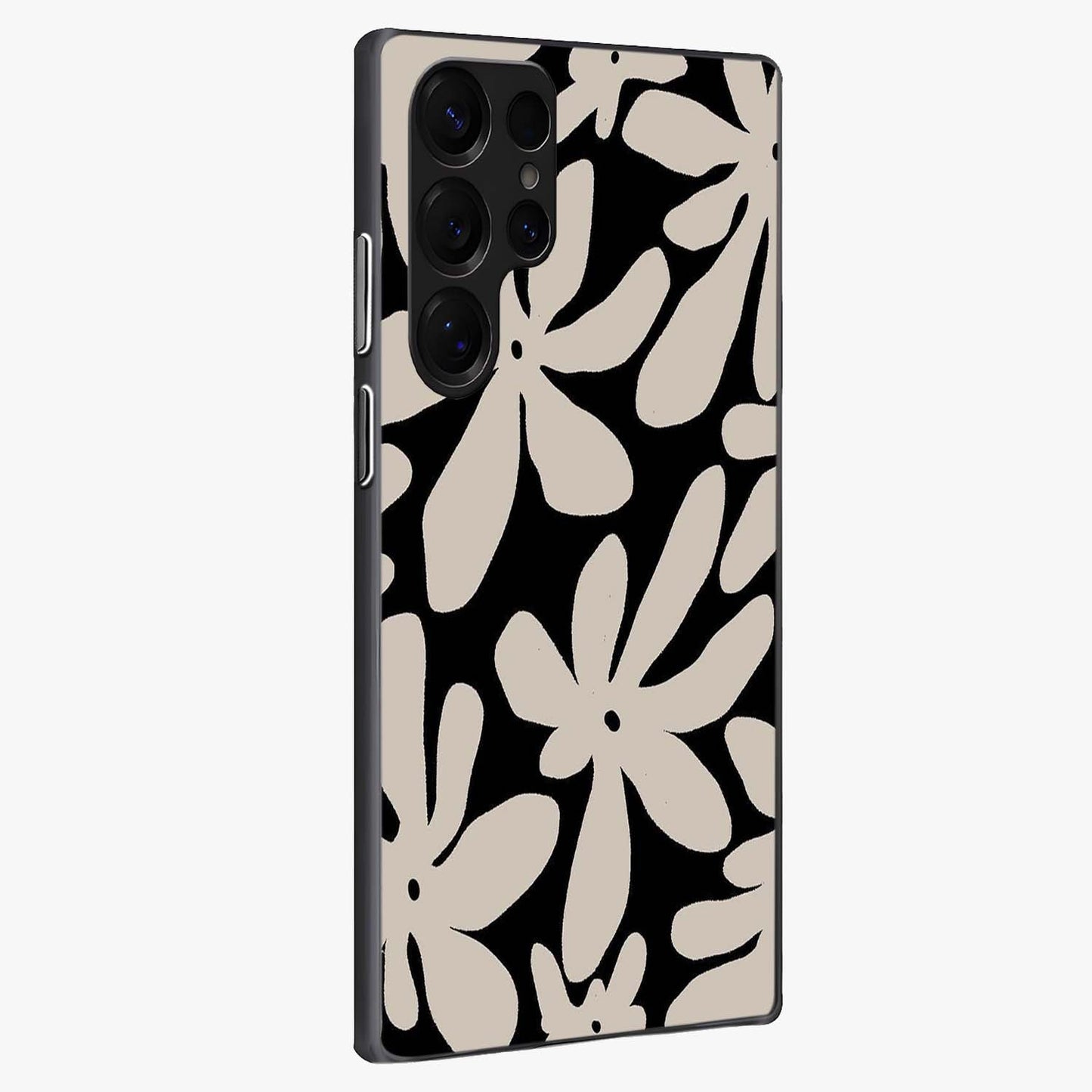 Monochrome Petal Dance Glass Case upright view showcasing artistic floral pattern with stylish monochrome theme.