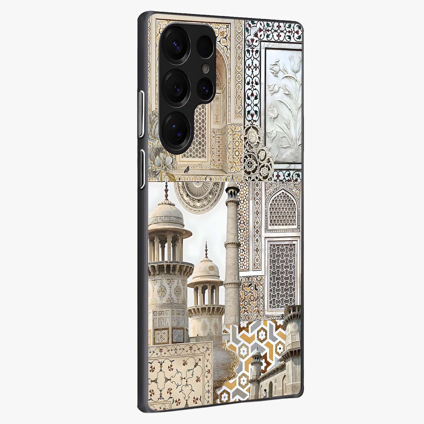 Mughal Marble Legacy Glass Case upright view showcasing ornate Mughal design with luxurious traditional theme.