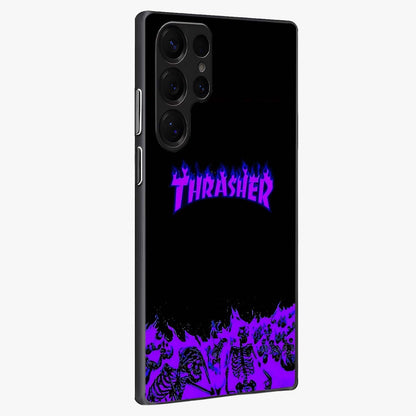 Neon Flame Riot Glass Case upright view showcasing dynamic flame artwork with energetic neon theme.