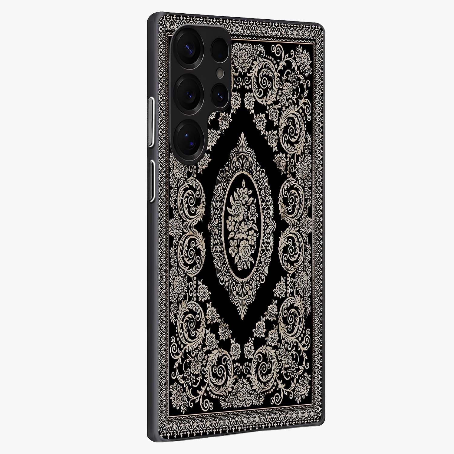 Noir Bloom Elegance Glass Case upright view showcasing graceful floral artwork with luxurious dark theme.
