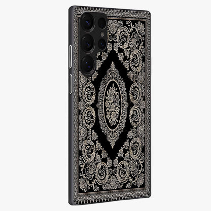 Noir Bloom Elegance Glass Case upright view showcasing graceful floral artwork with luxurious dark theme.