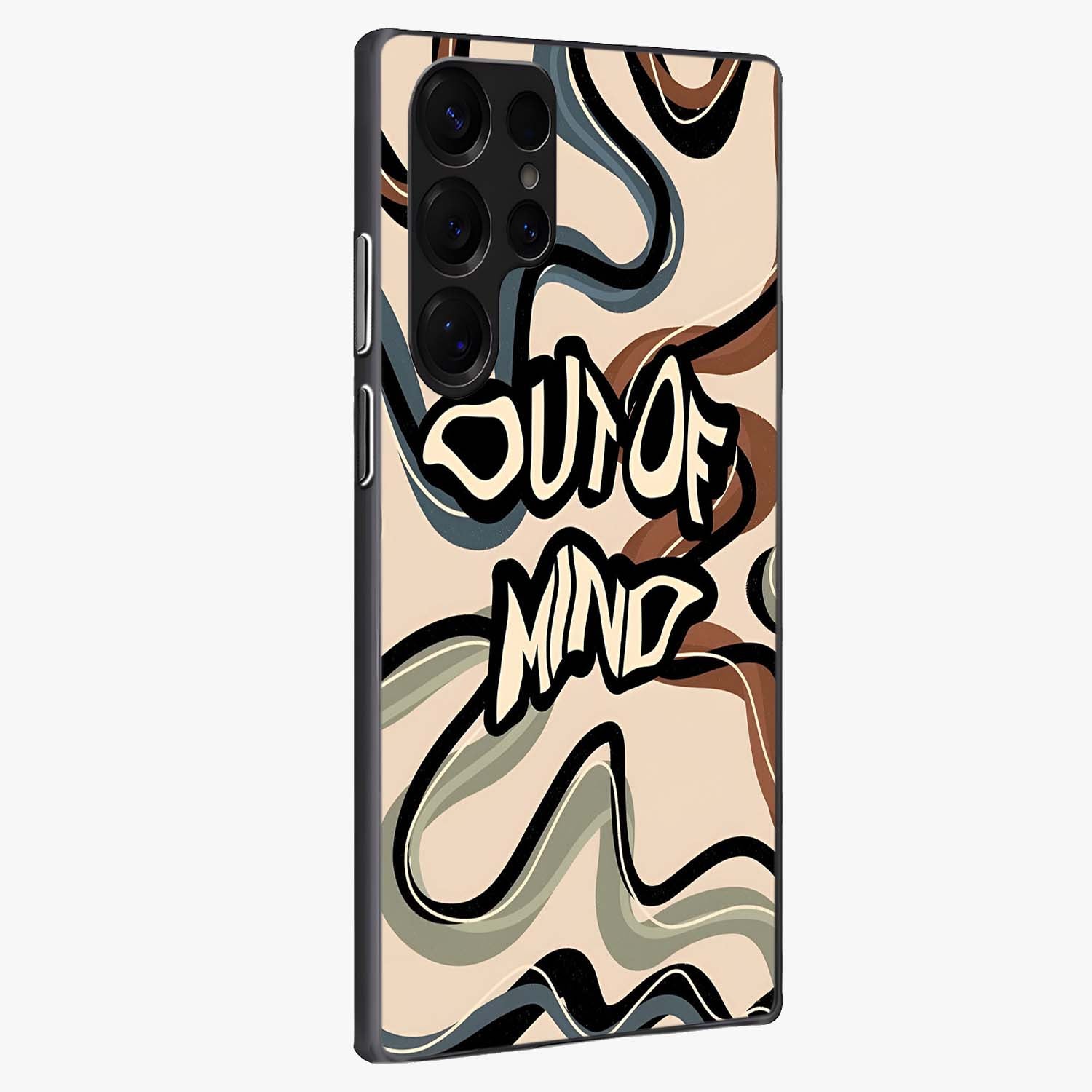 Out Of Mind Glass Case upright view showcasing striking typography artwork with edgy conceptual theme.
