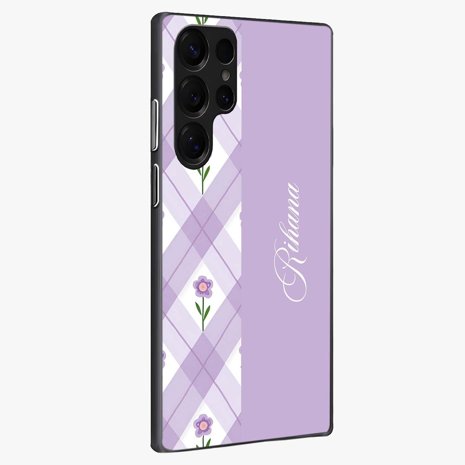 Purple Diamond Floral Glass Case upright view showcasing vibrant floral artwork with stylish geometric theme.