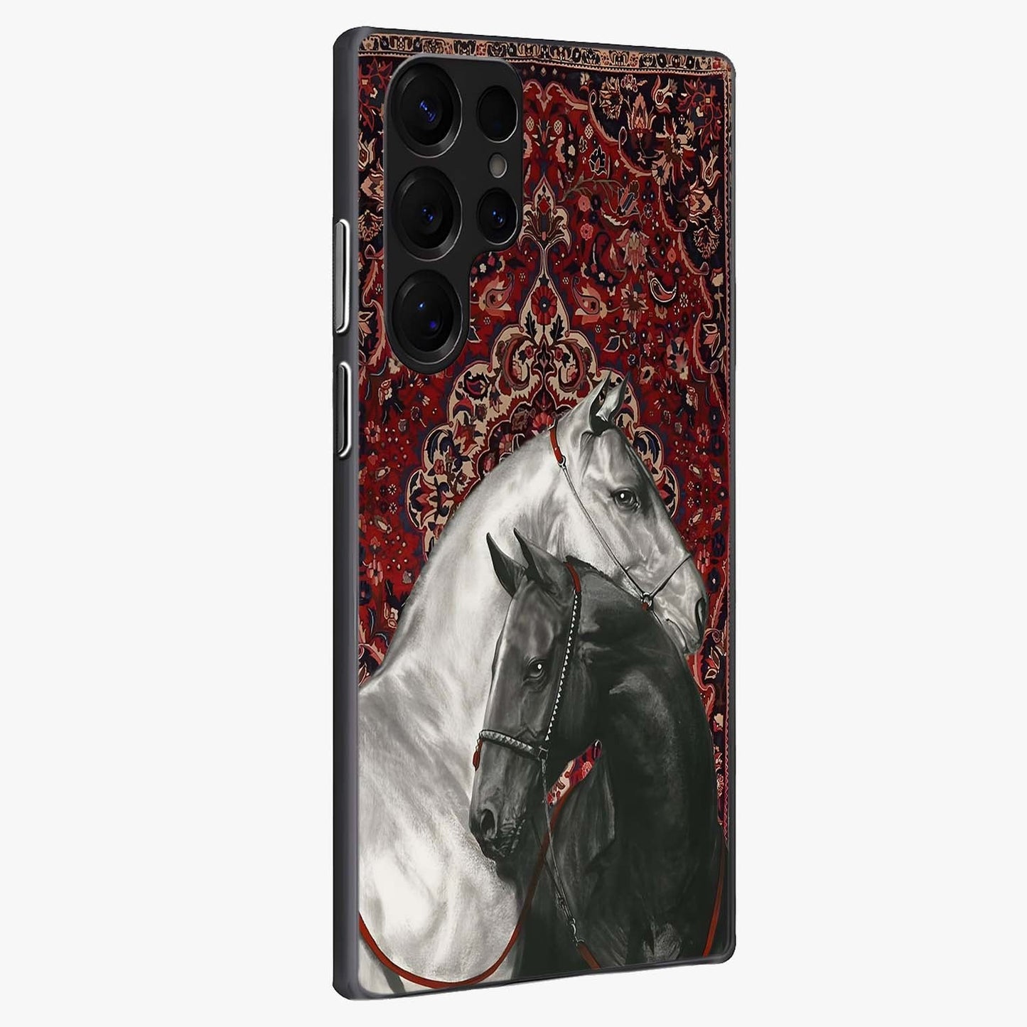 Regal Stallion Tapestry Glass Case upright view showcasing powerful horse artwork with elegant tapestry theme.