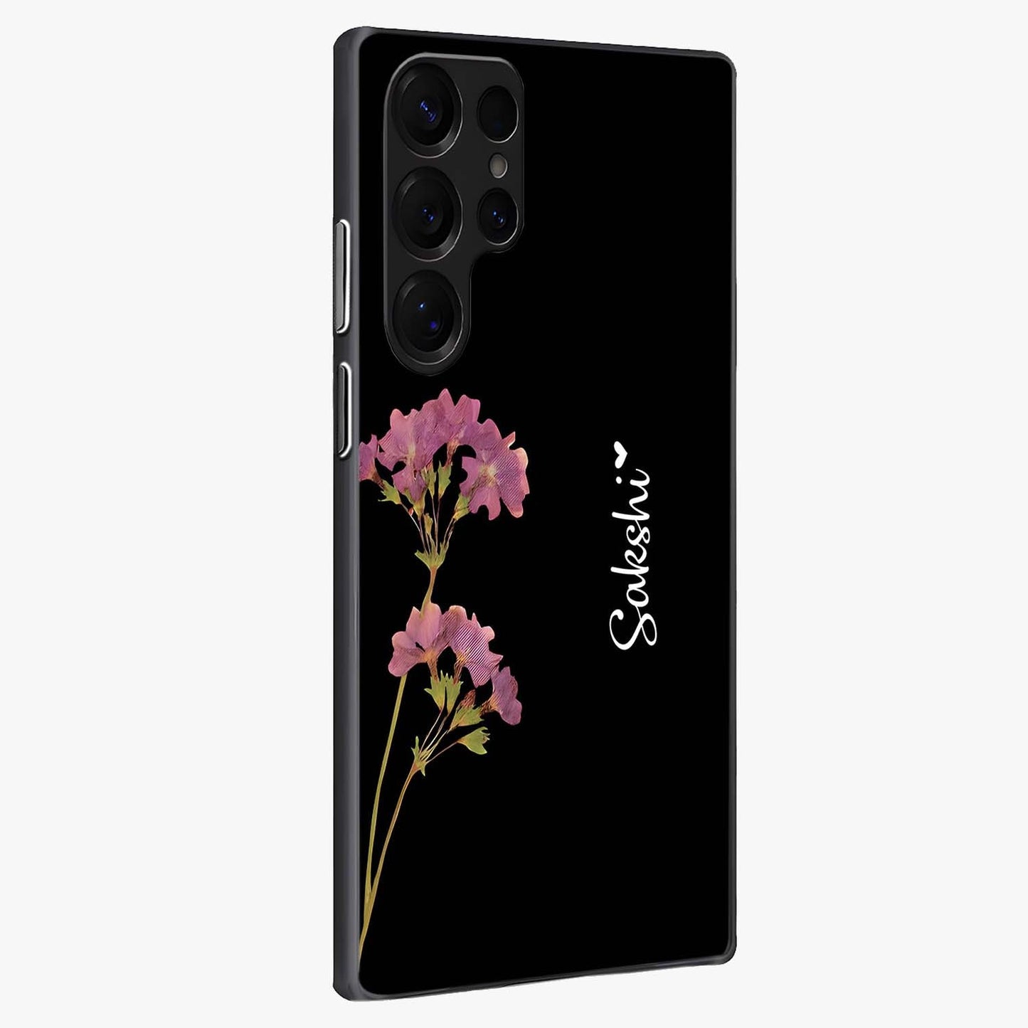 Riching Lavender Flower Custom Name Glass Case upright view showcasing elegant lavender floral artwork with personalized aesthetic.