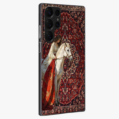 Royal Rider Tapestry Glass Case upright view showcasing detailed rider artwork with classic tapestry theme.