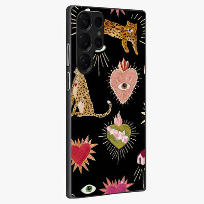 Sacred Jungle Heart Glass Case upright view showcasing vibrant jungle artwork with symbolic heart theme.
