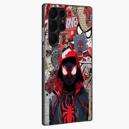 Spider Collage Street Glass Case upright view showcasing bold superhero artwork with urban street theme.