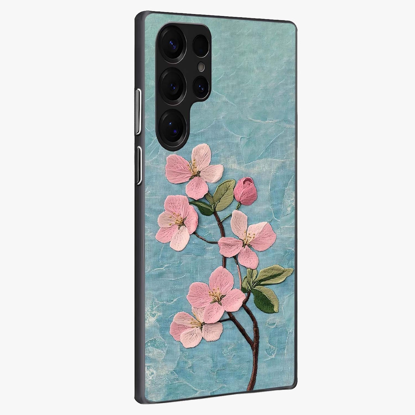 Threaded Blossom Breeze Glass Case upright view showcasing graceful flower artwork with calm botanical theme.