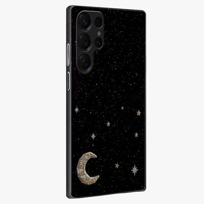 Twinkle Star With Half Moon Glass Case upright view showcasing glowing cosmic artwork with dreamy night theme.