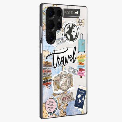 Wanderlust Journal Glass Case upright view showcasing wanderlust inspired artwork with creative exploration theme.