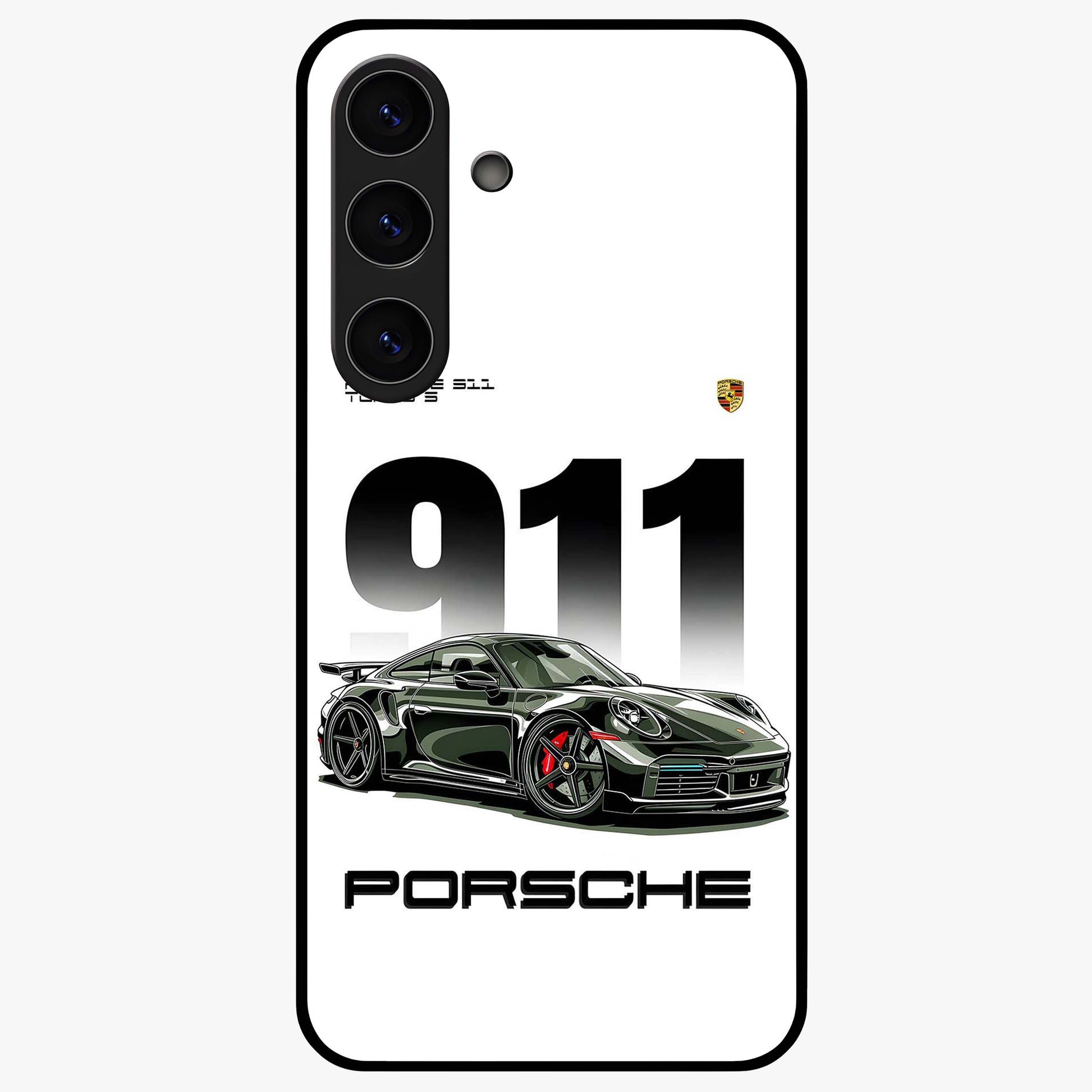 911 Turbo Dominance Glass Case showing clean flat back view with bold 911 sports car artwork and glossy glass finish.