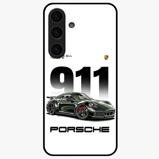 911 Turbo Dominance Glass Case showing clean flat back view with bold 911 sports car artwork and glossy glass finish.