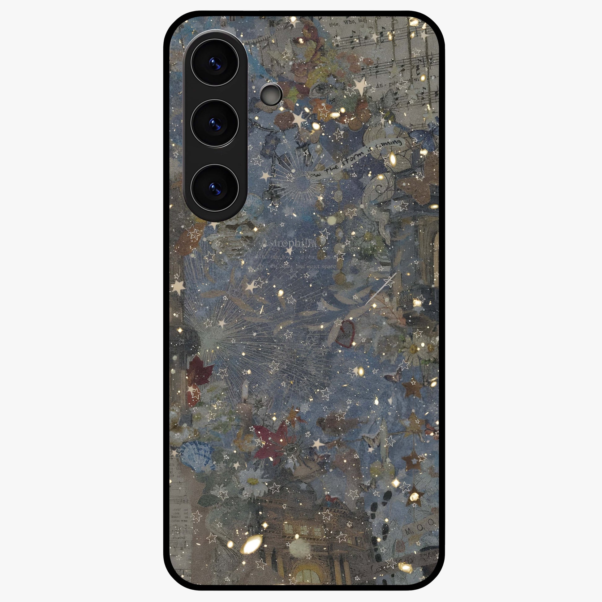 Aesthetic Astrolophia Glass Case showing flat back view with dreamy aesthetic design and glossy glass finish.