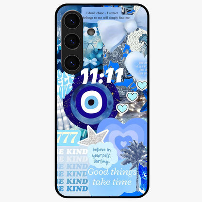 Aesthetic Be Kind Eye Glass Case showing flat back view with motivational eye artwork and glossy glass finish.