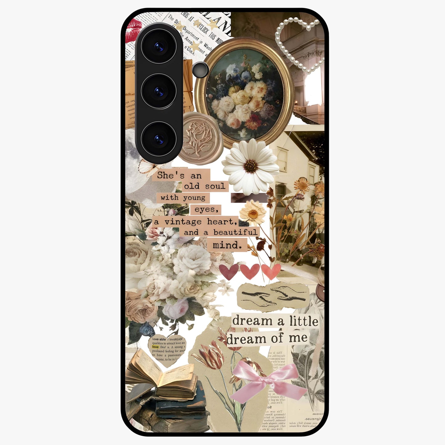 Aesthetic Brown Vintage Collage Glass Case showing flat back view with retro collage artwork and glossy glass finish.