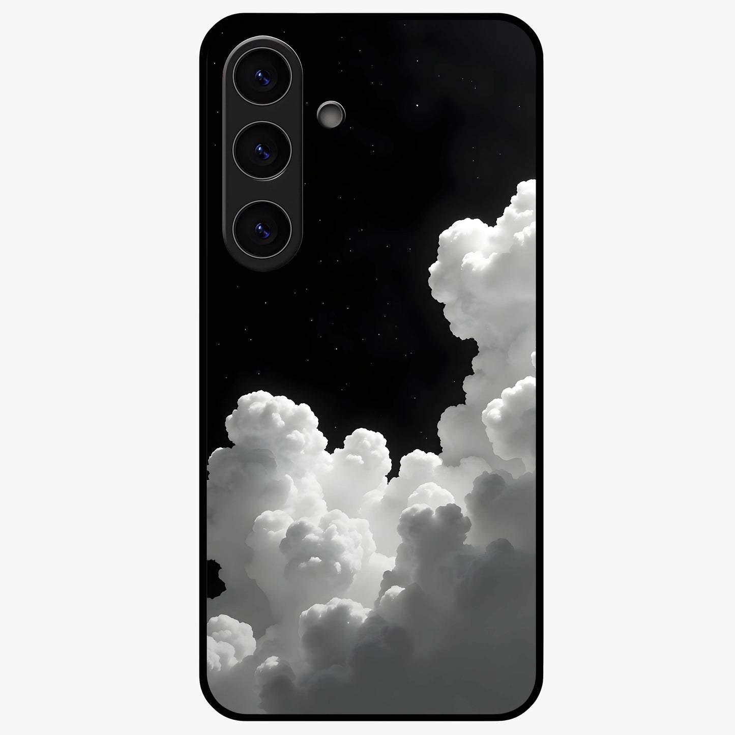 Black Background With White Cloud Glass Case showing flat back view with minimal cloud artwork on dark background and glossy glass finish.