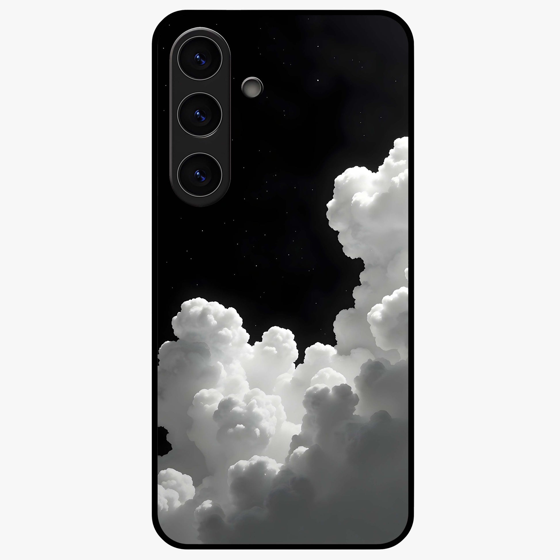 Black Background With White Cloud Glass Case showing flat back view with minimal cloud artwork on dark background and glossy glass finish.
