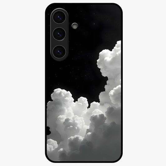 Black Background With White Cloud Glass Case showing flat back view with minimal cloud artwork on dark background and glossy glass finish.