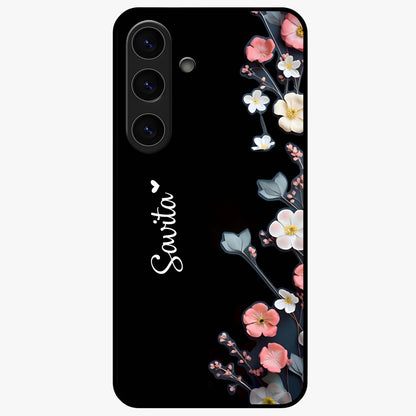 Black Elegance Floral Custom Name Glass Case showing flat back view with elegant floral artwork and personalized name design.