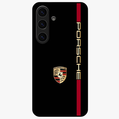 Black Minimal Porsche Glass Case showing flat back view with sleek minimal sports car artwork and glossy glass finish.