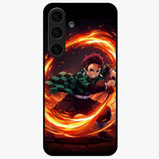 Blazing Sword Resolve Glass Case showing flat back view with fiery sword artwork and glossy glass finish.