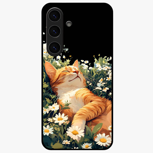 Blissful Bloom Cat Glass Case showing flat back view with cute cat and floral bloom artwork and glossy glass finish.