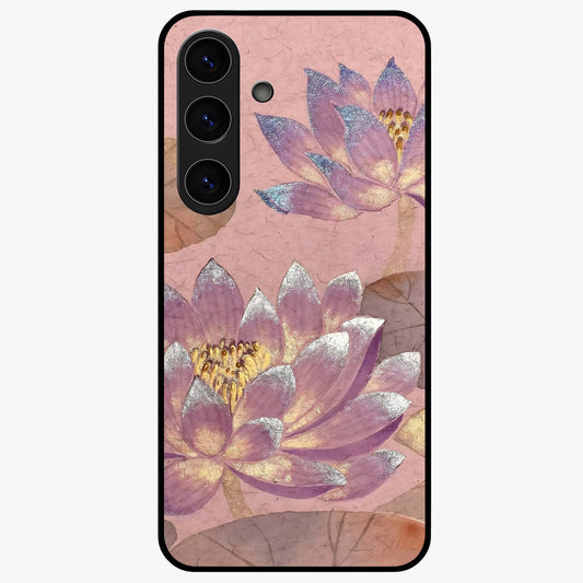 Blossom Mist Lotus Glass Case showing flat back view with serene lotus blossom artwork and glossy glass finish.