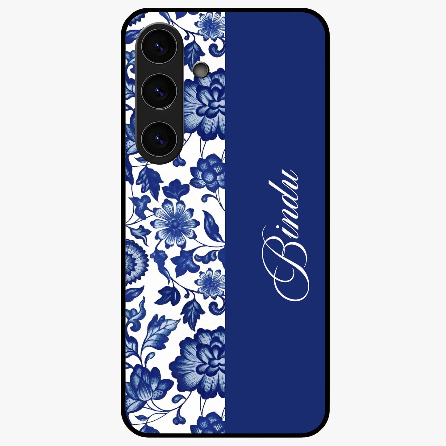 Blue Vintage Floral Pattern Glass Case upright view showcasing timeless floral illustration with vintage inspired style.