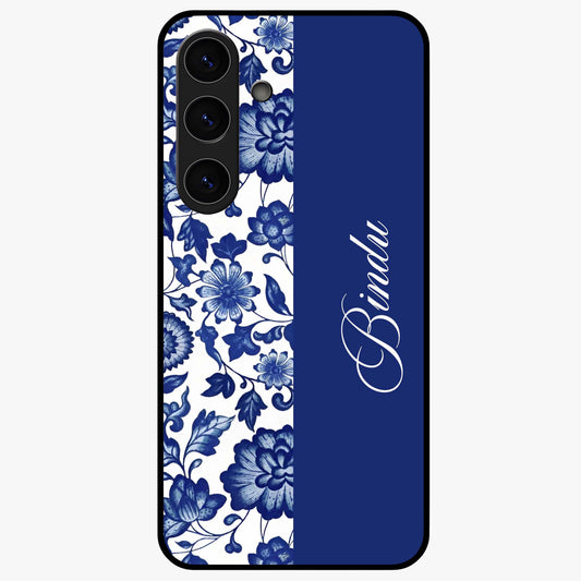 Blue Vintage Floral Pattern Glass Case upright view showcasing timeless floral illustration with vintage inspired style.