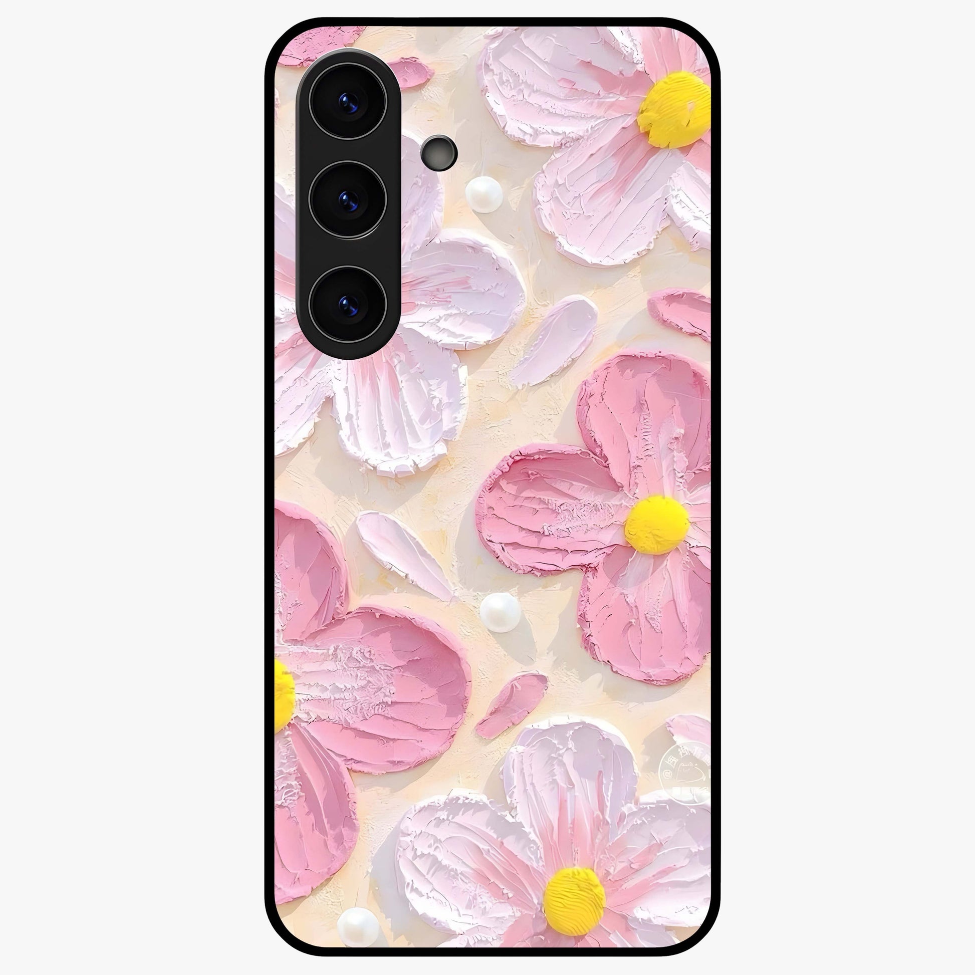Blush Bloom Texture Glass Case showing flat back view with soft blush floral texture artwork and glossy glass finish.