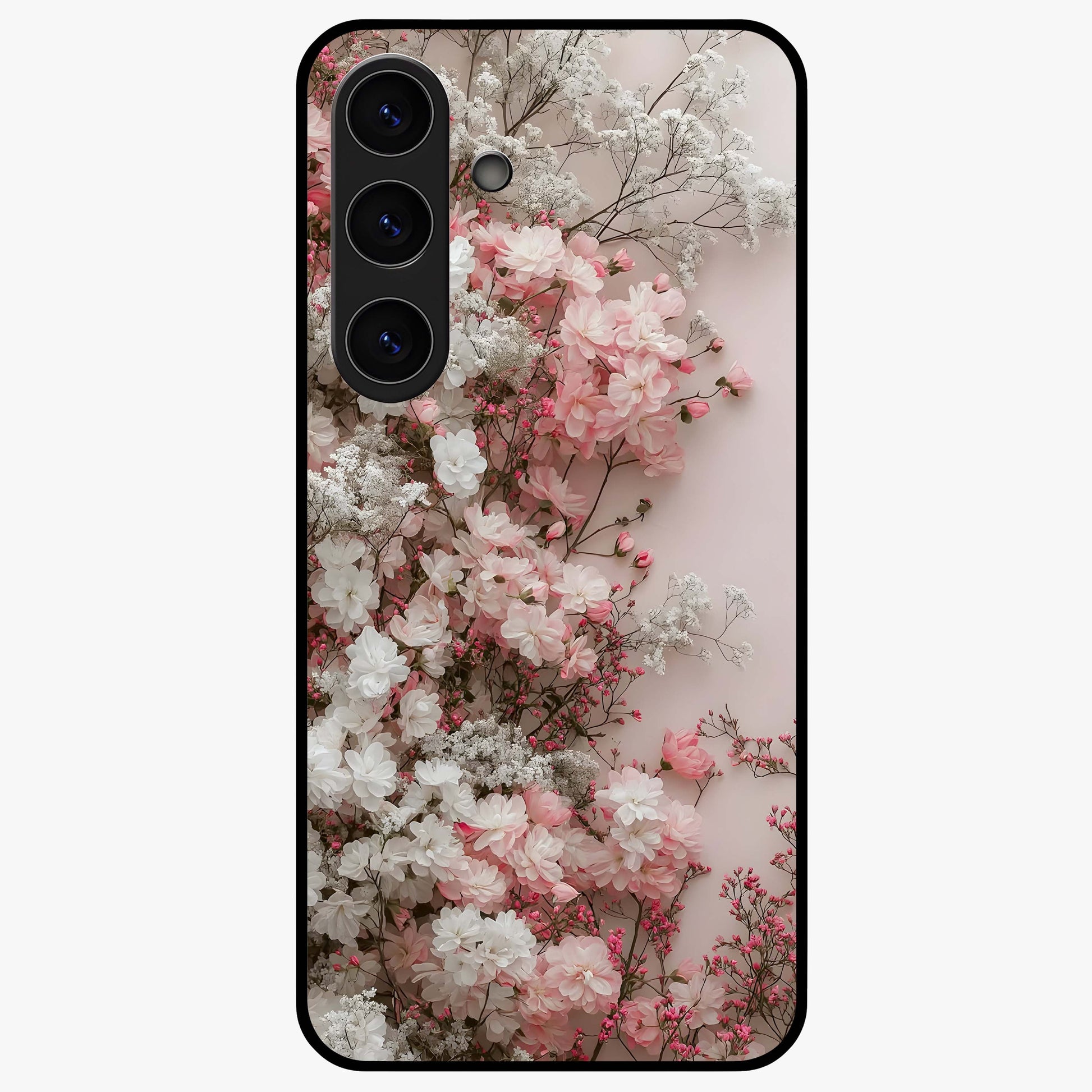 Blush Blossom Cloud Glass Case showing flat back view with dreamy blush cloud blossom artwork and glossy glass finish.