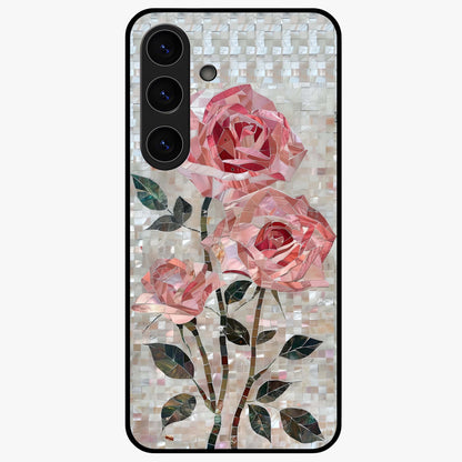 Blush Mosaic Bloom Glass Case showing flat back view with mosaic floral bloom artwork and glossy glass finish.