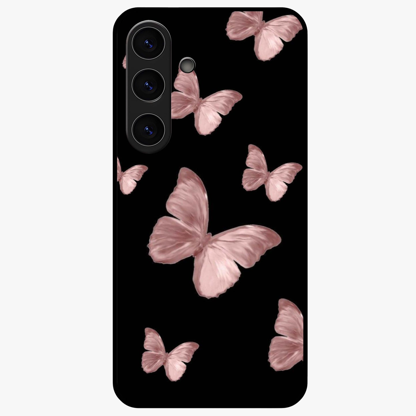 Butterfly Pattern Glass Case showing flat back view with elegant butterfly pattern artwork and glossy glass finish.