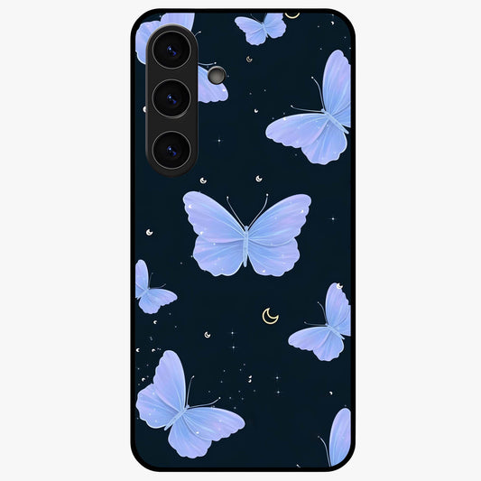 Butterfly With Stars Pattern Glass Case showing flat back view with butterfly and star pattern artwork and glossy glass finish.