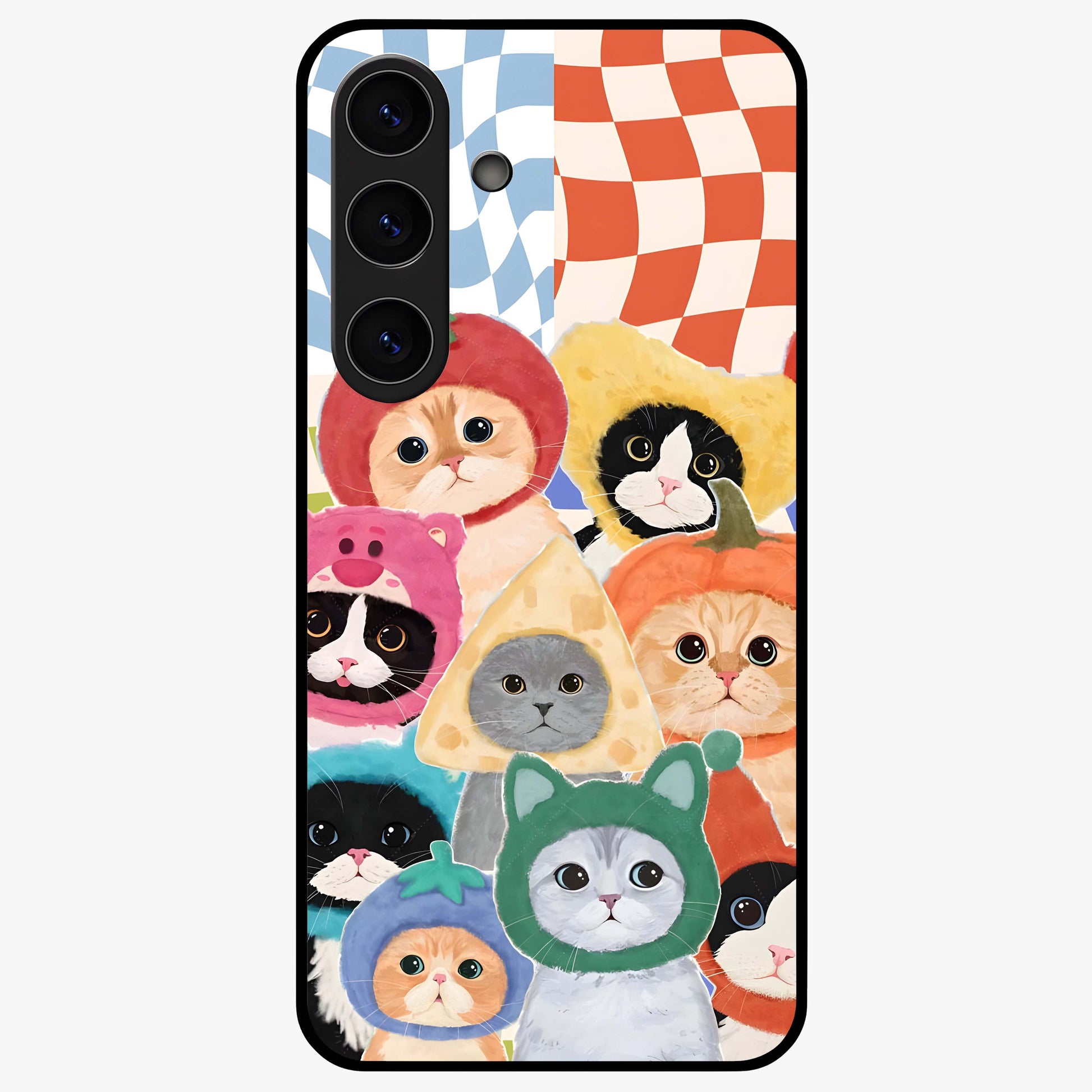 Cats in Fruits Glass Case showing flat back view with playful cat illustrations inside fruit artwork and glossy glass finish.