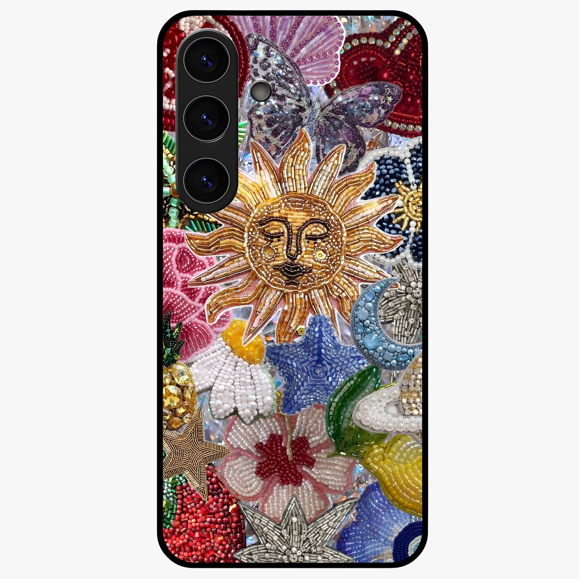 Celestial Floral and Playful Glass Case showing flat back view with floral and celestial themed artwork and glossy glass finish.