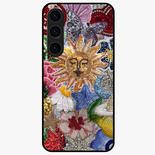 Celestial Floral and Playful Glass Case showing flat back view with floral and celestial themed artwork and glossy glass finish.