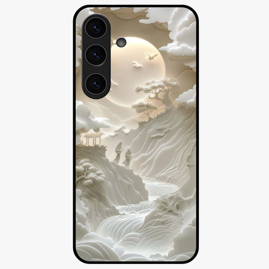 Celestial Origami Glass Case showing flat back view with artistic origami inspired celestial artwork and glossy glass finish.