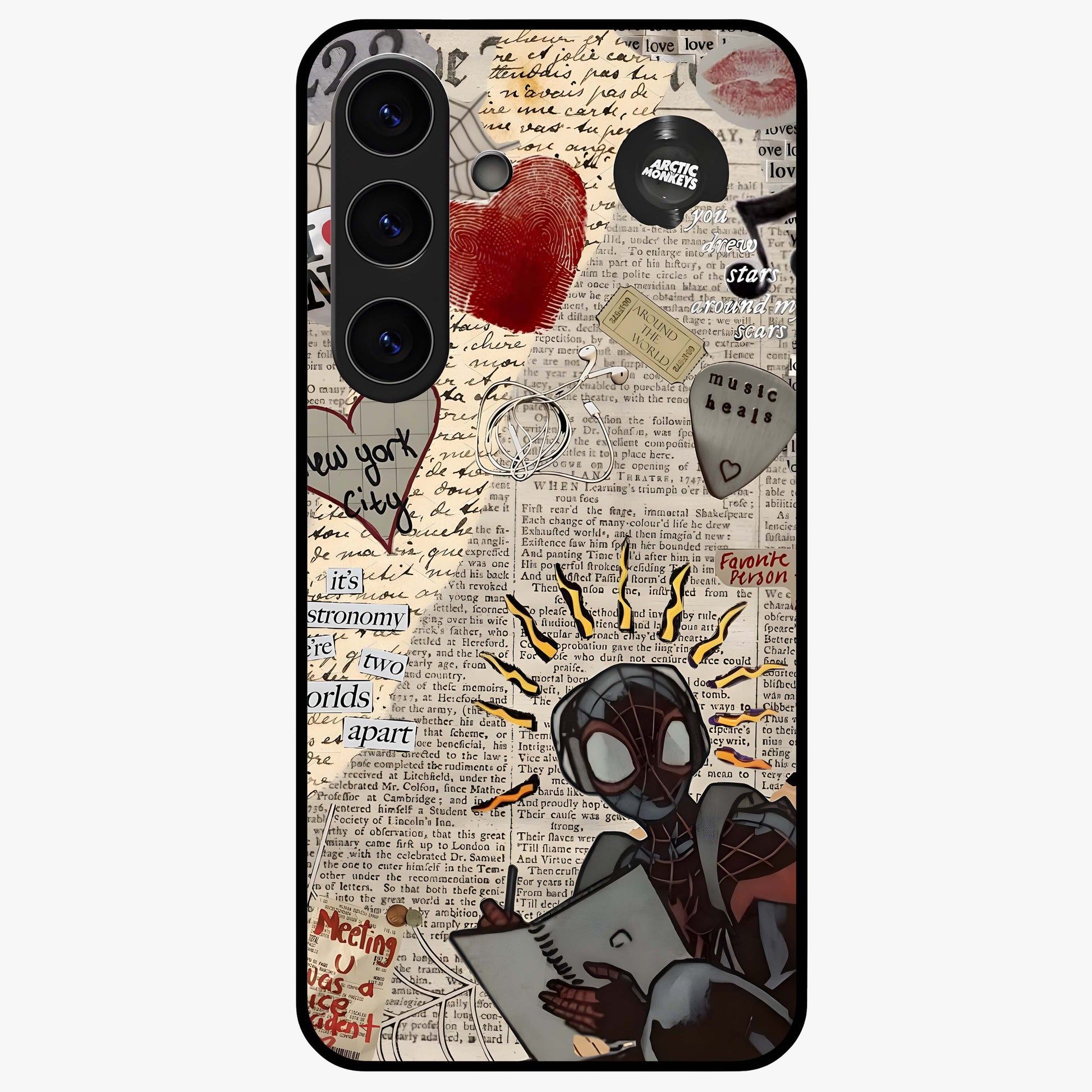 City Dream Sketch Glass Case showing flat back view with artistic city skyline sketch artwork and glossy glass finish.