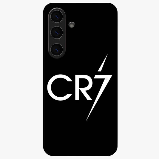 Cr7 Elite Strike Glass Case showing flat back view with dynamic football inspired artwork and glossy glass finish.