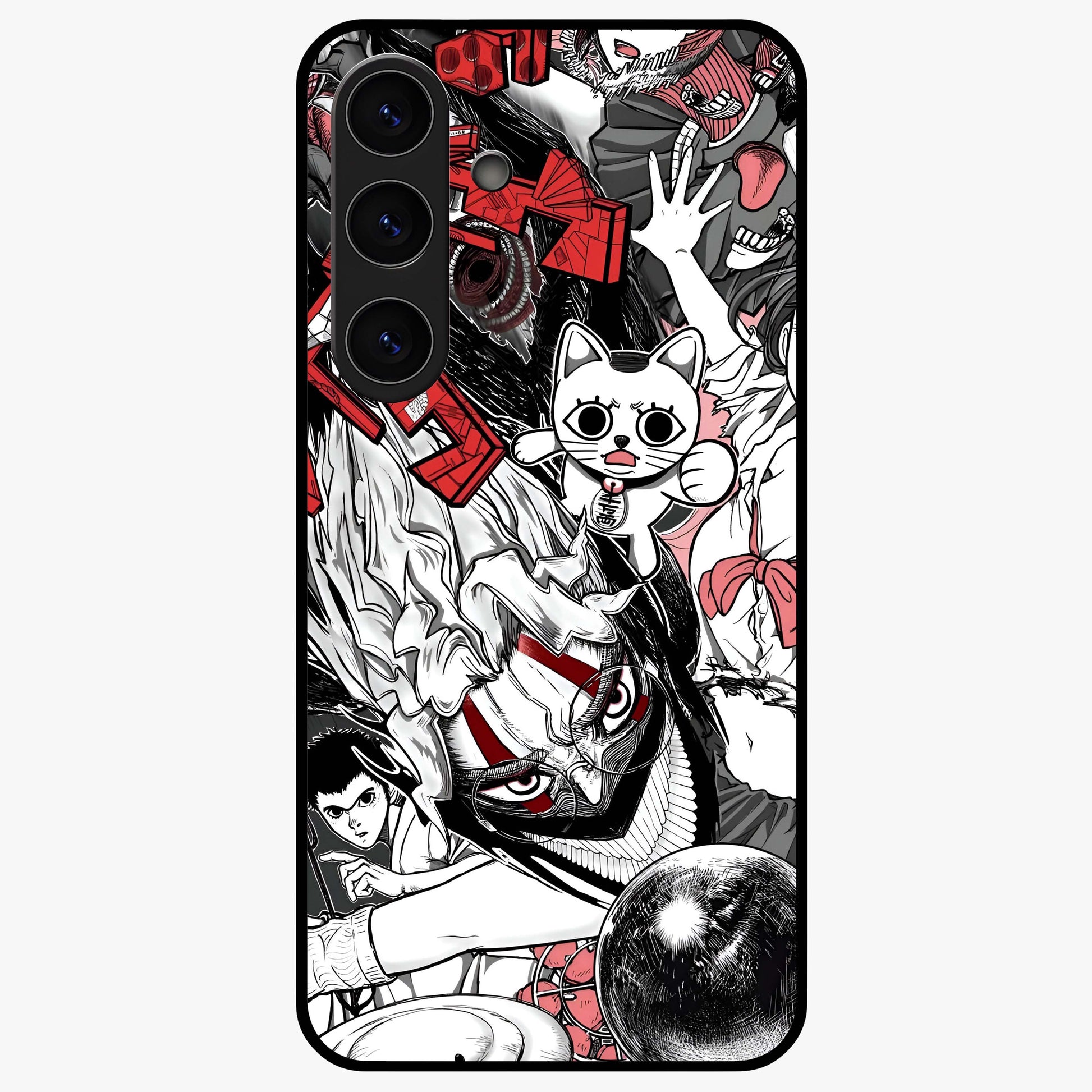 Crimson Chaos Panel Glass Case showing flat back view with bold crimson abstract artwork and glossy glass finish.