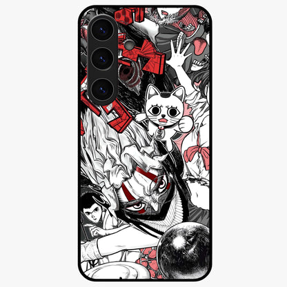 Crimson Chaos Panel Glass Case showing flat back view with bold crimson abstract artwork and glossy glass finish.