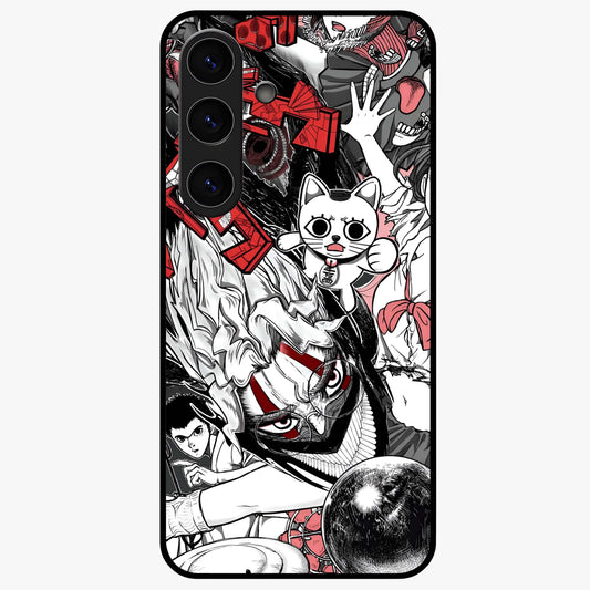 Crimson Chaos Panel Glass Case showing flat back view with bold crimson abstract artwork and glossy glass finish.