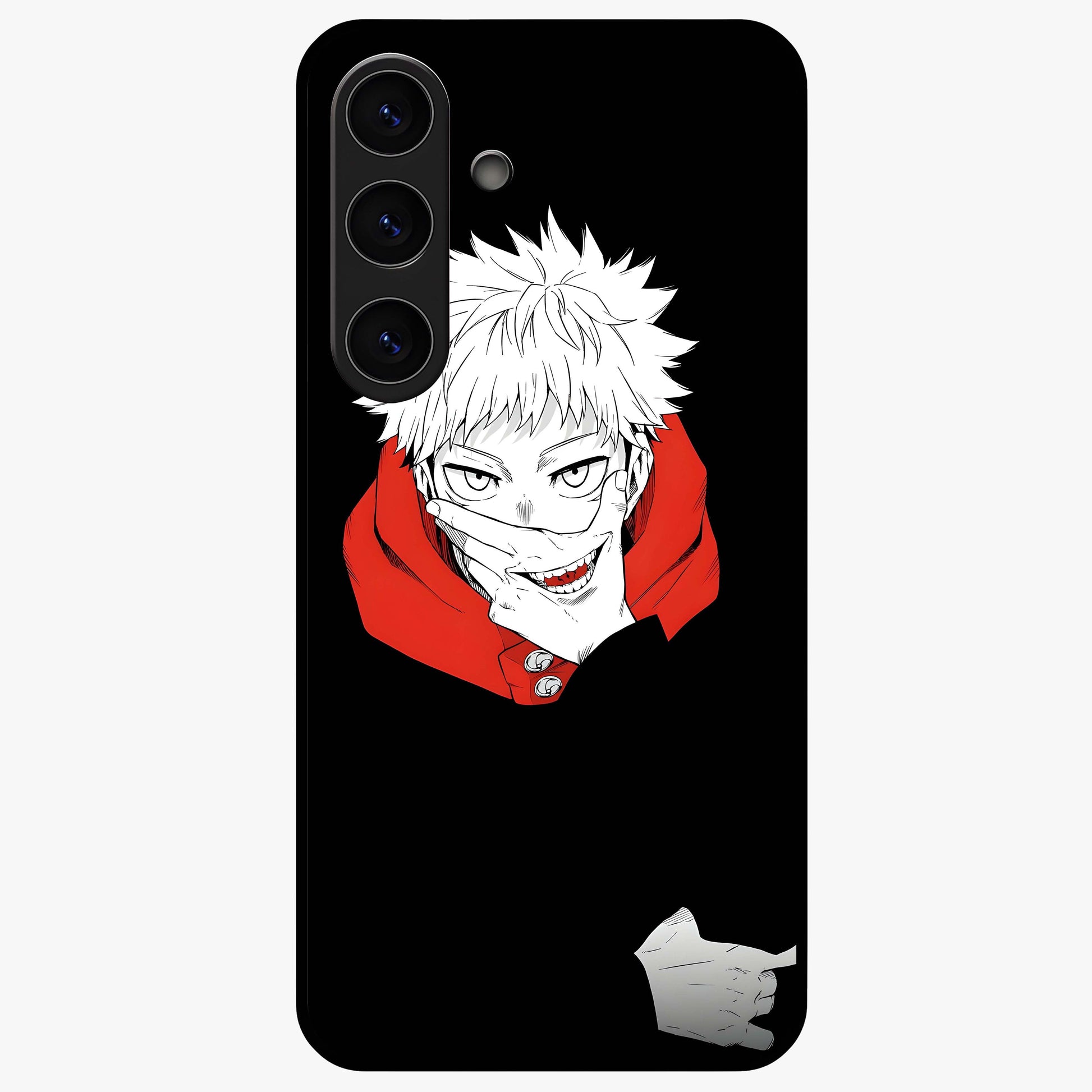 Crimson Chaos Smile Glass Case showing flat back view with bold chaotic smile artwork and glossy glass finish.