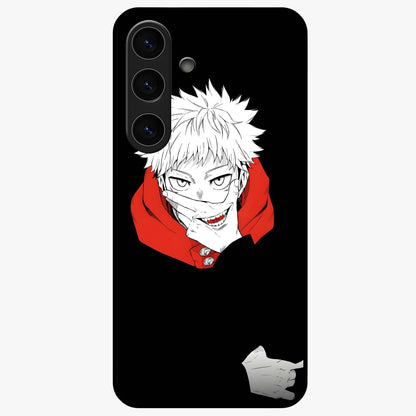 Crimson Chaos Smile Glass Case showing flat back view with bold chaotic smile artwork and glossy glass finish.