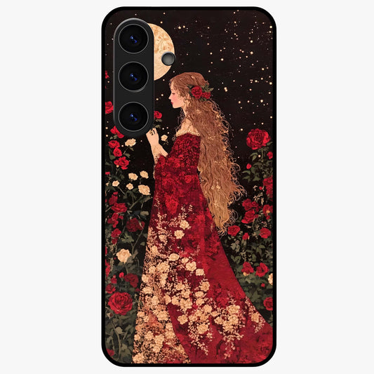 Crimson Dreams Glass Case showing flat back view with dreamy crimson artwork and glossy glass finish.
