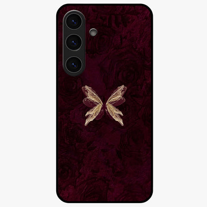 Crimson Fade Butterfly Glass Case showing flat back view with fading butterfly artwork and glossy glass finish.