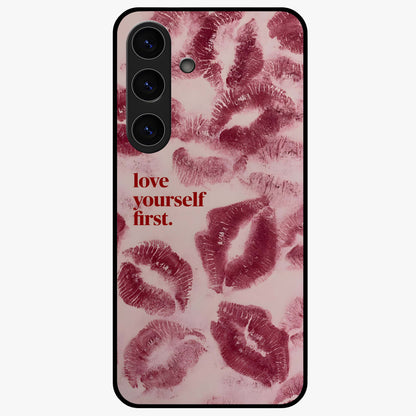 Crimson Kiss Love Glass Case showing flat back view with romantic crimson themed artwork and glossy glass finish.