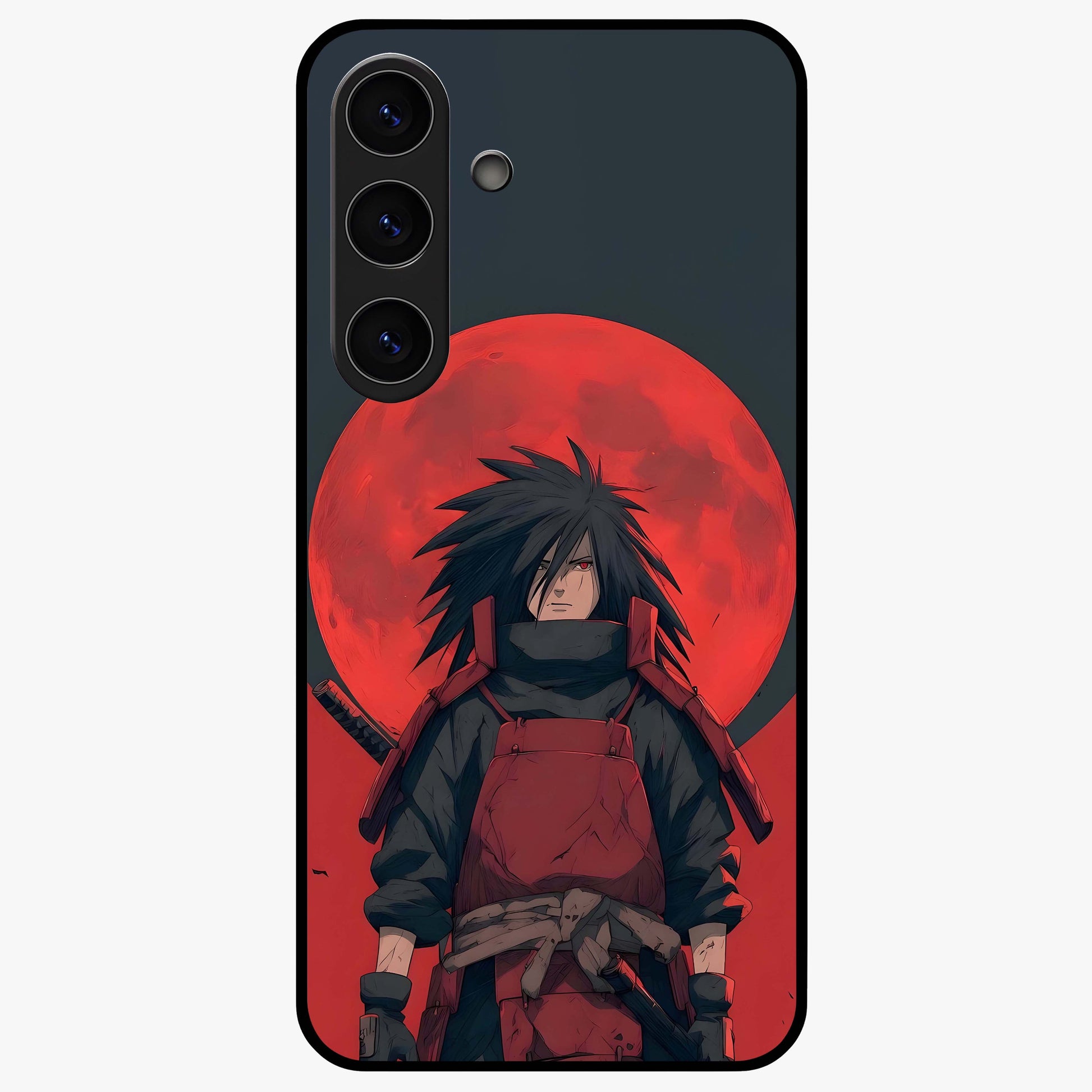Crimson Moon Warlord Glass Case showing flat back view with mystical moon warrior artwork and glossy glass finish.